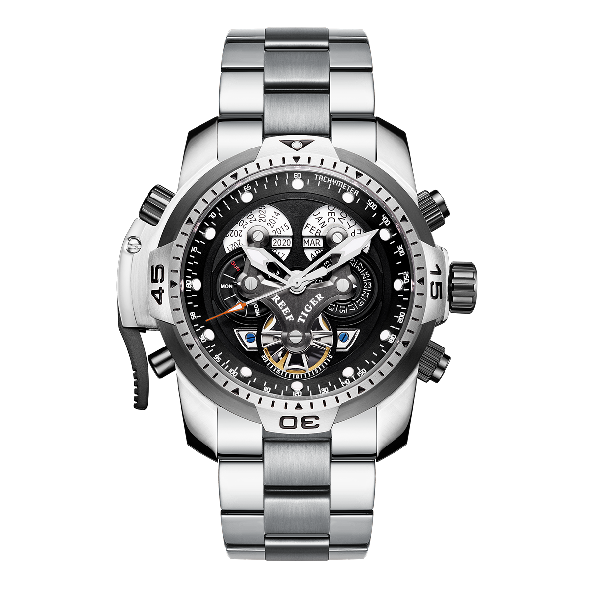 Reef Tiger Aurora RGA3503 Automatic Watch for Men - Year/Day/Date Calendar, luminous Hands and Markers, and Rotating Bezel
