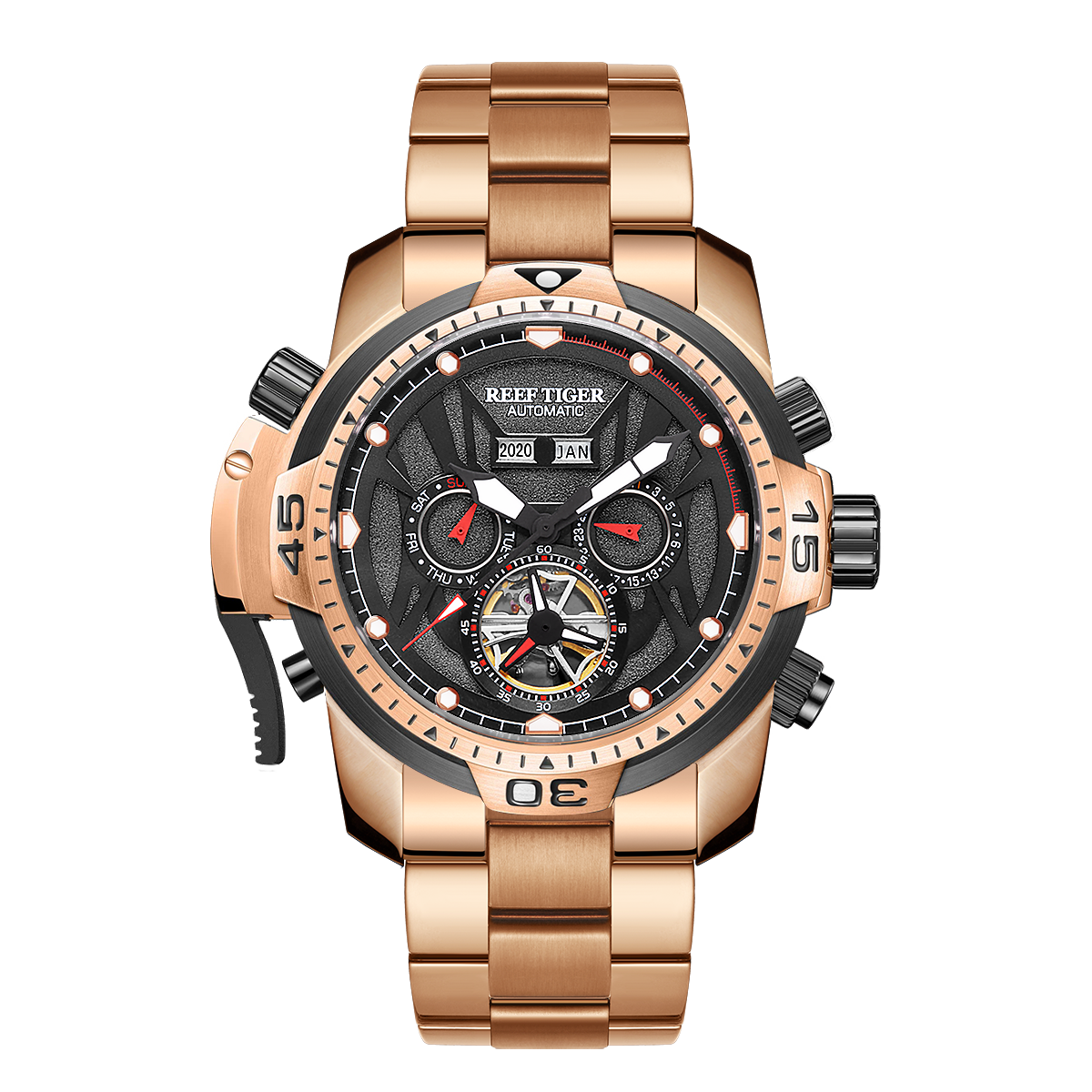 Reef Tiger Aurora RGA3532 Men's Mechanical Watches - Rose Gold Waterproof Stainless Steel Sports Watch For Men