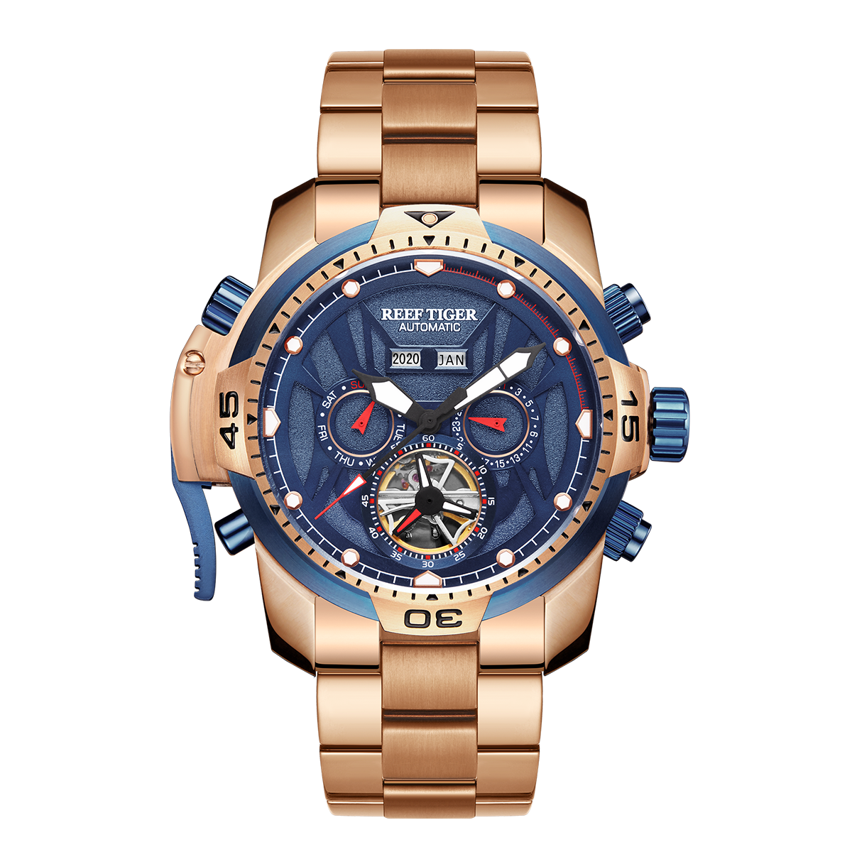 Reef Tiger Aurora RGA3532 Men's Automatic Mechanical Watch - Rose Gold Stainless Steel Case/Strap Wristwatch