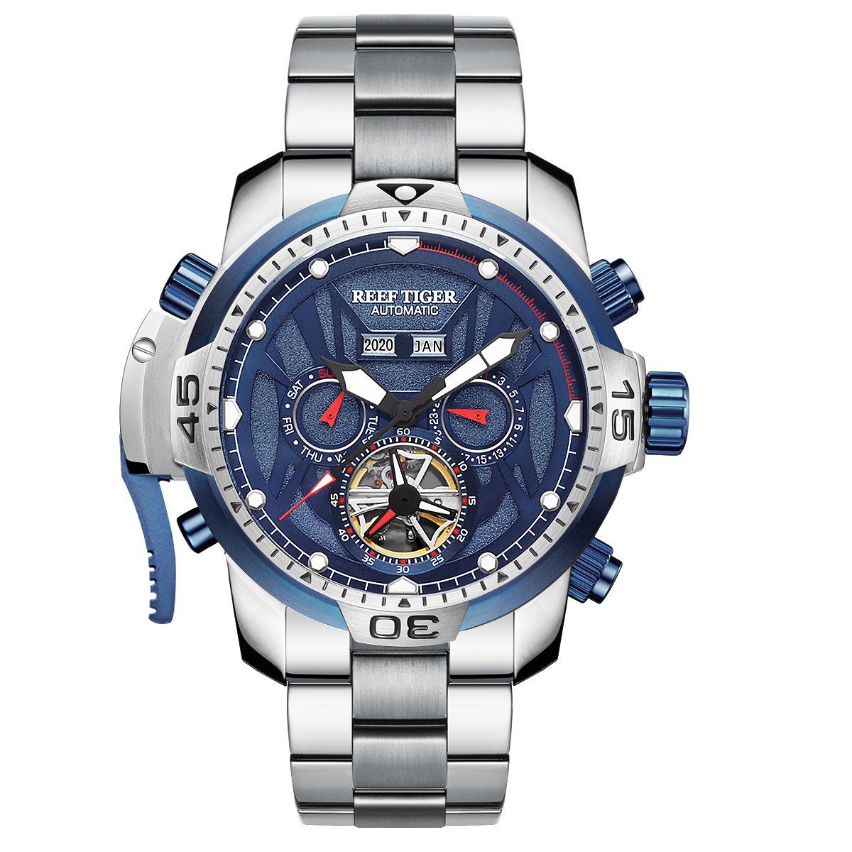 Reef Tiger Aurora RGA3532 Luxury Men's Automatic Sports Watch - Stainless Steel, Waterproof with Calendar & Luminous