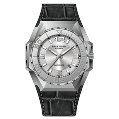 Reef Tiger RGA6903 Mens Military Automatic Mechanical Watches - Blue Silver Dial & 200M Waterproof