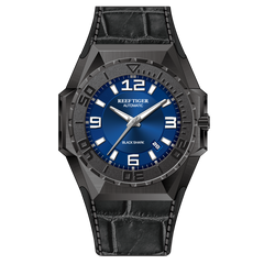 Reef Tiger RGA6903 Black Case Men Mechanical Watches Leather/Rubber/Stainless Steel Diving Watch - Blue Dial & 200M Waterproof