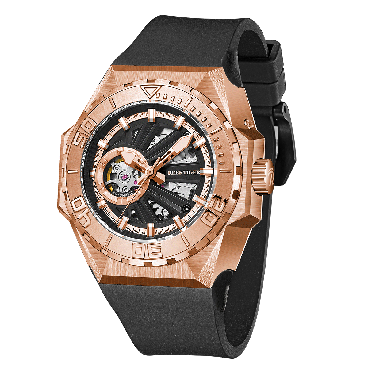 Rose Gold 43mm Japan NH36A Automatic Movement Waterproof Wristwatch - Reef Tiger RGA6903-S Skeleton Dive Watch
