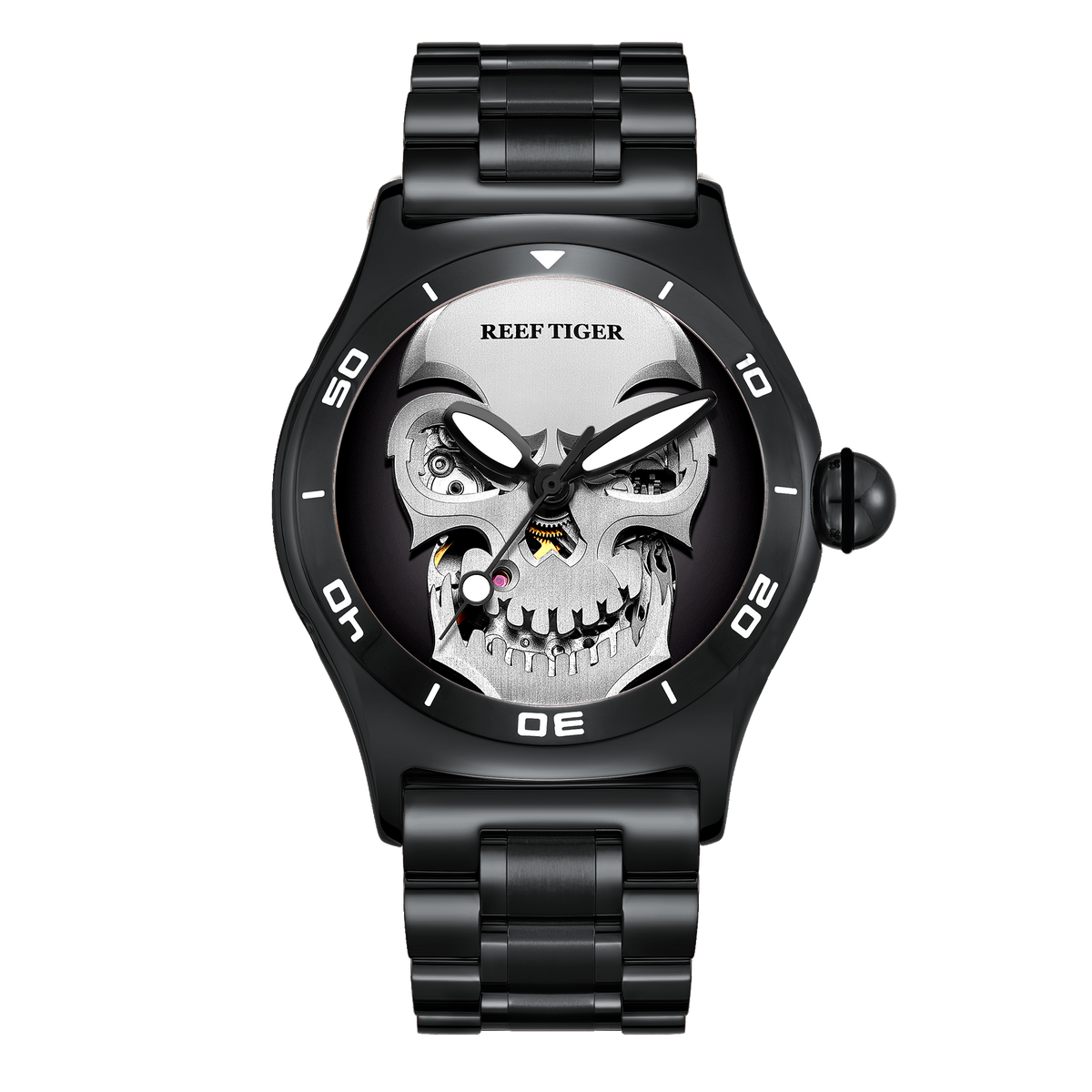 All Black Reef Tiger RGA70S7 Mens Luxury Bubble Sapphire Skeleton Automatic Skull Watch