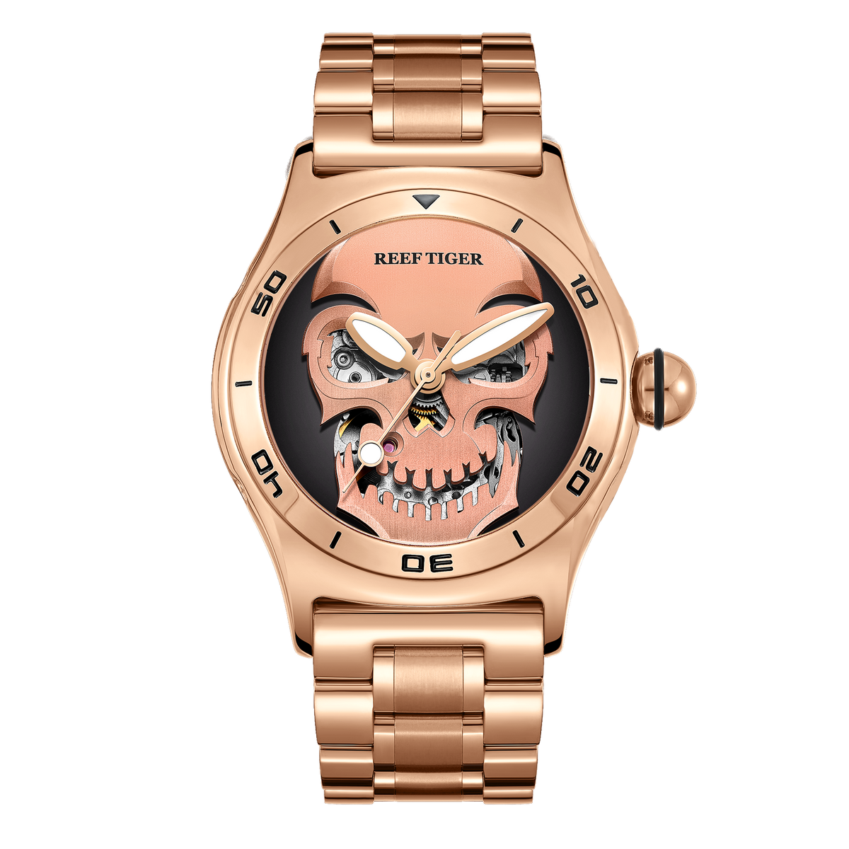 Reef Tige Aurora RGA70S7 Rose Gold Skull Skeleton Automatic Steel/Leather Strap Watch For Men