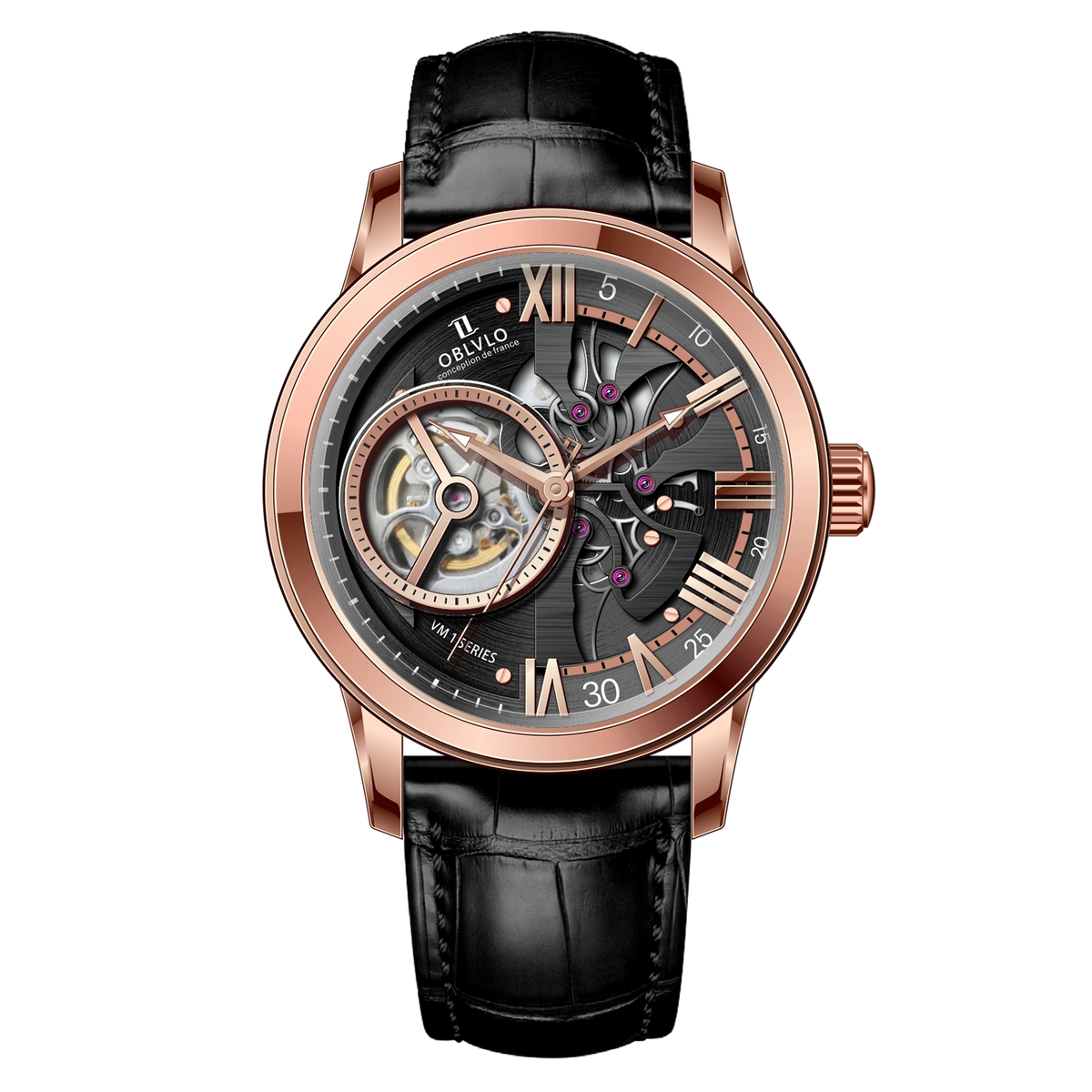 Best Affordable Luxury Rose Gold & Zirconia Case Mens Automatic Tourbillon Style Dial Dress Watches - OBLVLO VMQ Series