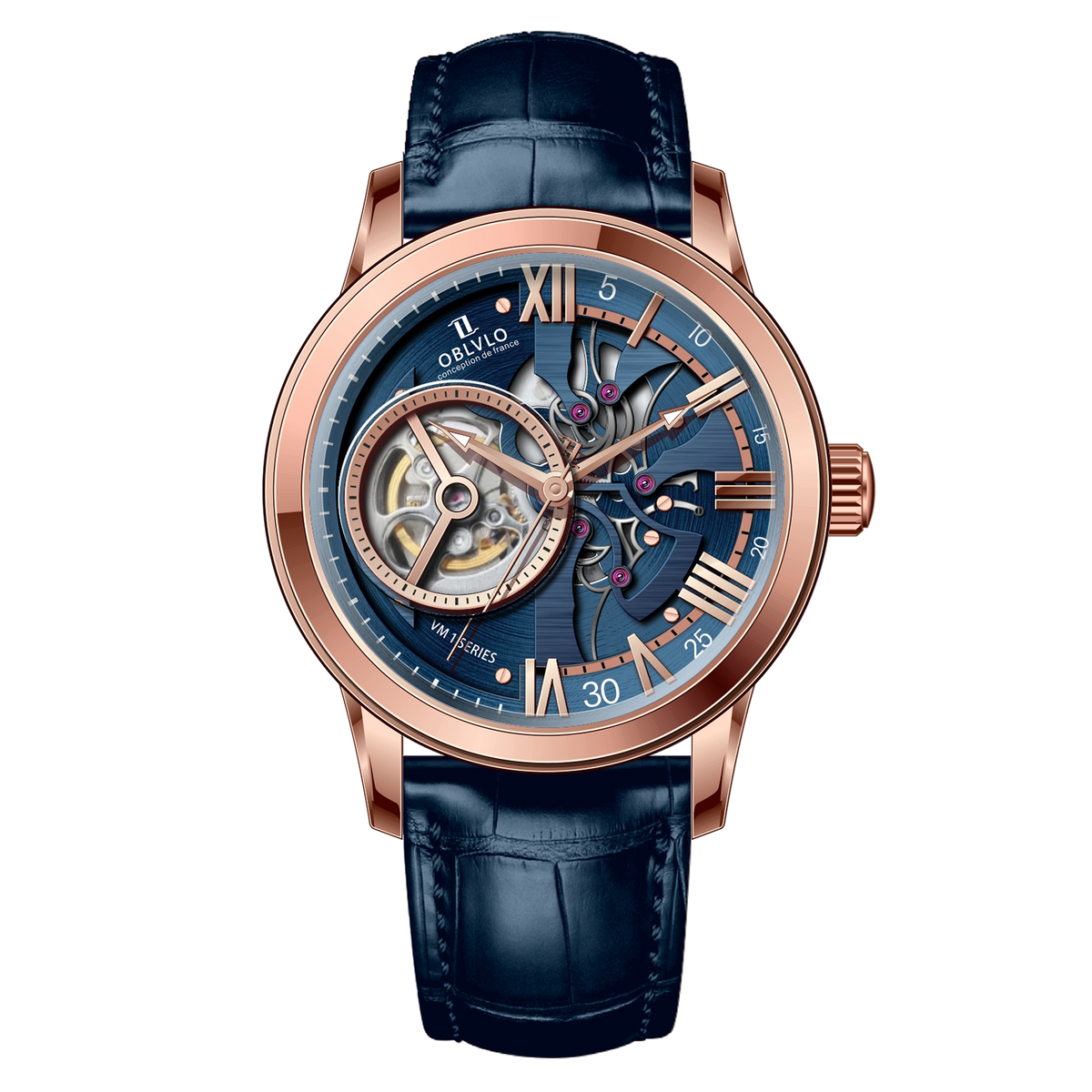 Best Affordable Luxury Rose Gold Zirconia Automatic Tourbillon Style Blue Dial Dress Watches For Men - OBLVLO VMQ Series