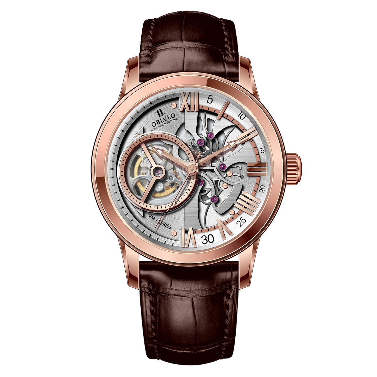 Best Affordable Rose Gold Zirconia Automatic White Dial Dress Tourbillon Style Watches For Men - OBLVLO VMQ