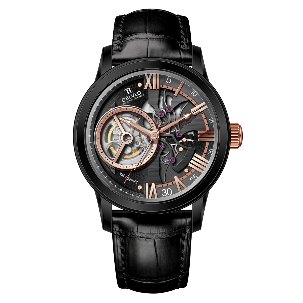 Affordable Black & Rose Gold Case Luxury Mens Automatic Tourbillon Style Dial Dress Zirconia Watches - OBLVLO VMQ Series