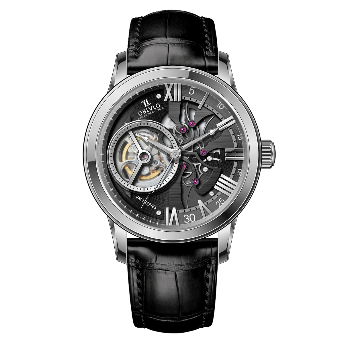 Black Dial 42mm Automatic Mechanical Tourbillon Style Watch For Men - Steel / Zirconia Bezel Dress Watches - OBLVLO VMQ