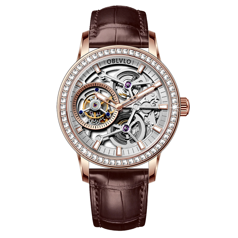 OBLVLO VM TB Mens Skeleton Tourbillon Watches - Zirconium Diamond Inlaid Bezel Watches for Men