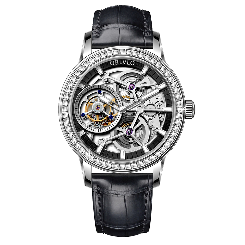 OBLVLO VM TB Men's Automatic Mechanical Tourbillon Skeleton Luxury Zirconium Diamond Inlaid Bezel Watch