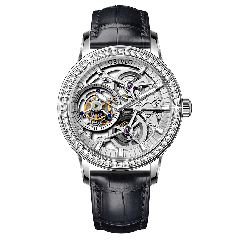 OBLVLO VM TB Automatic Watch for Men - Luxury 45mm Tourbillon Movement & Diamonds Dial 5ATM Waterproof Watch