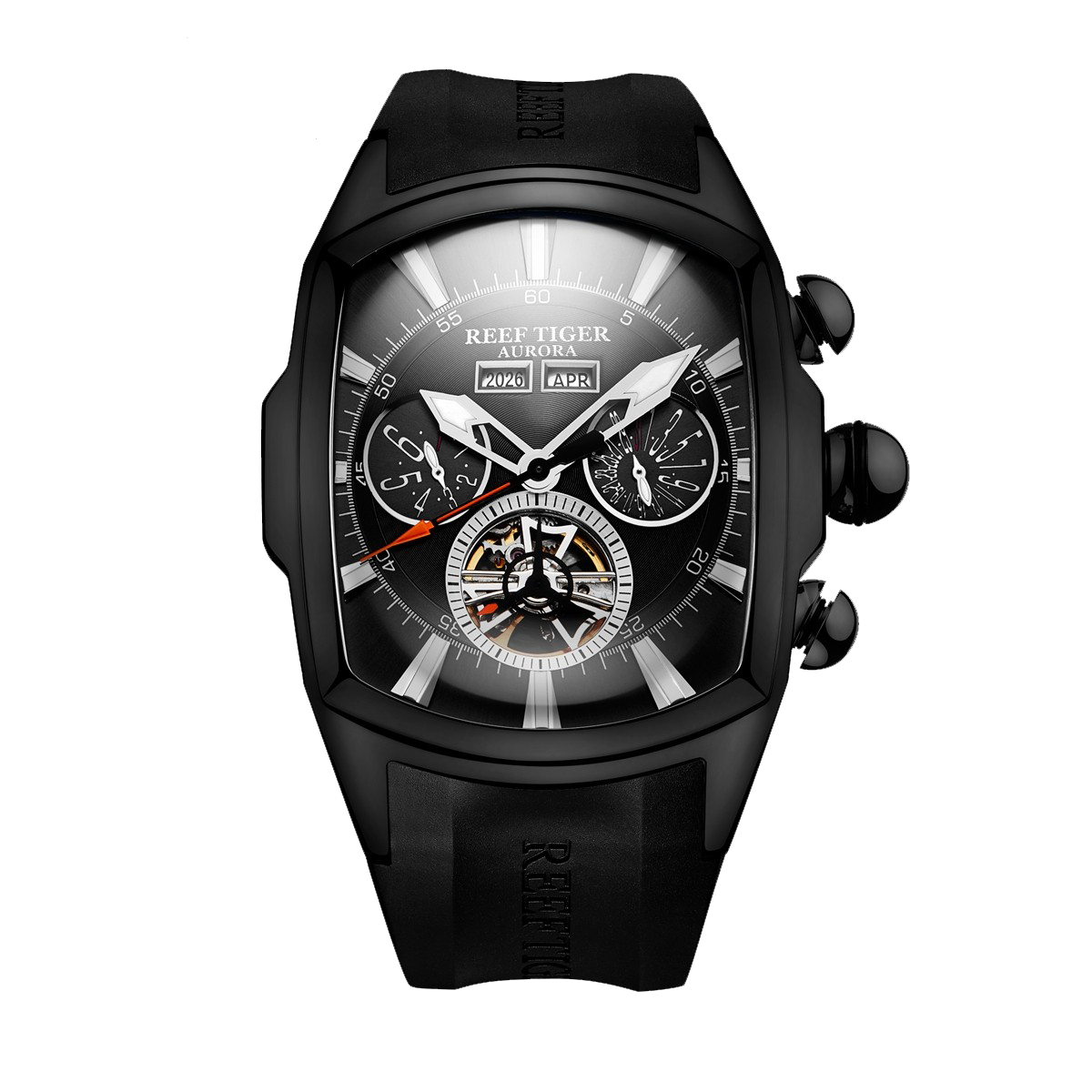 Reef Tiger Aurora Tank II RGA3069 Mens Automatic Skeleton Watches for Men - All Black Case & Rubber Strap