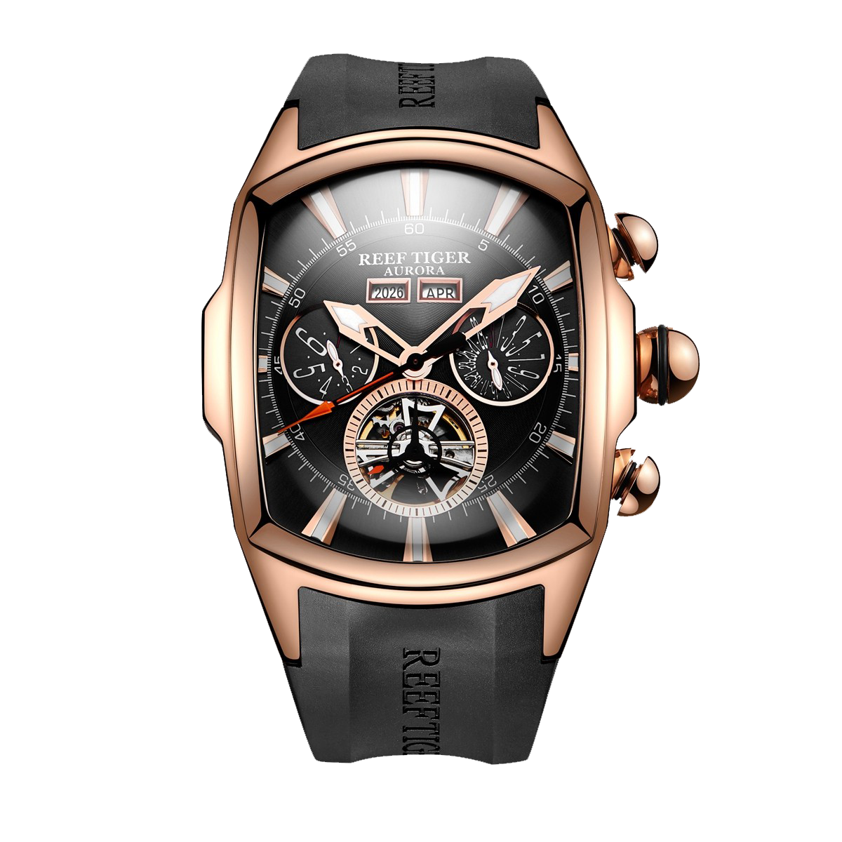 Reef Tiger Aurora Tank II RGA3069 - Men's Rose Gold Case and Black Rubber Strap Band Automatic Watch