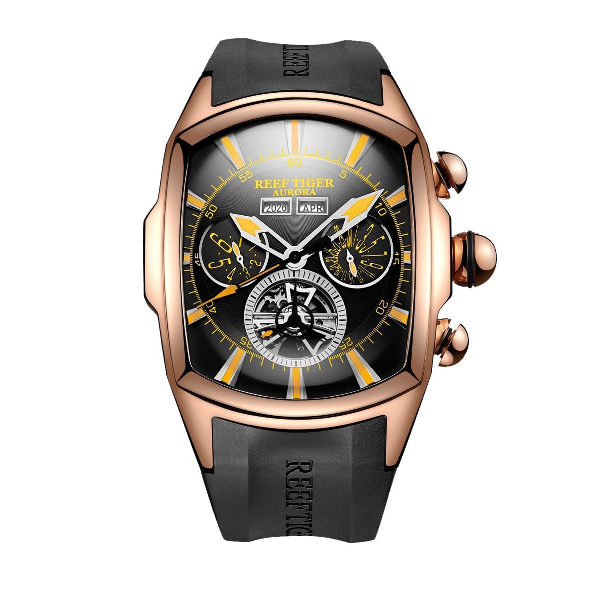 Reef Tiger Aurora Tank II RGA3069 Automatic Watch, Skeleton Dial, Luminous Hands,  45mm Rose Gold Case