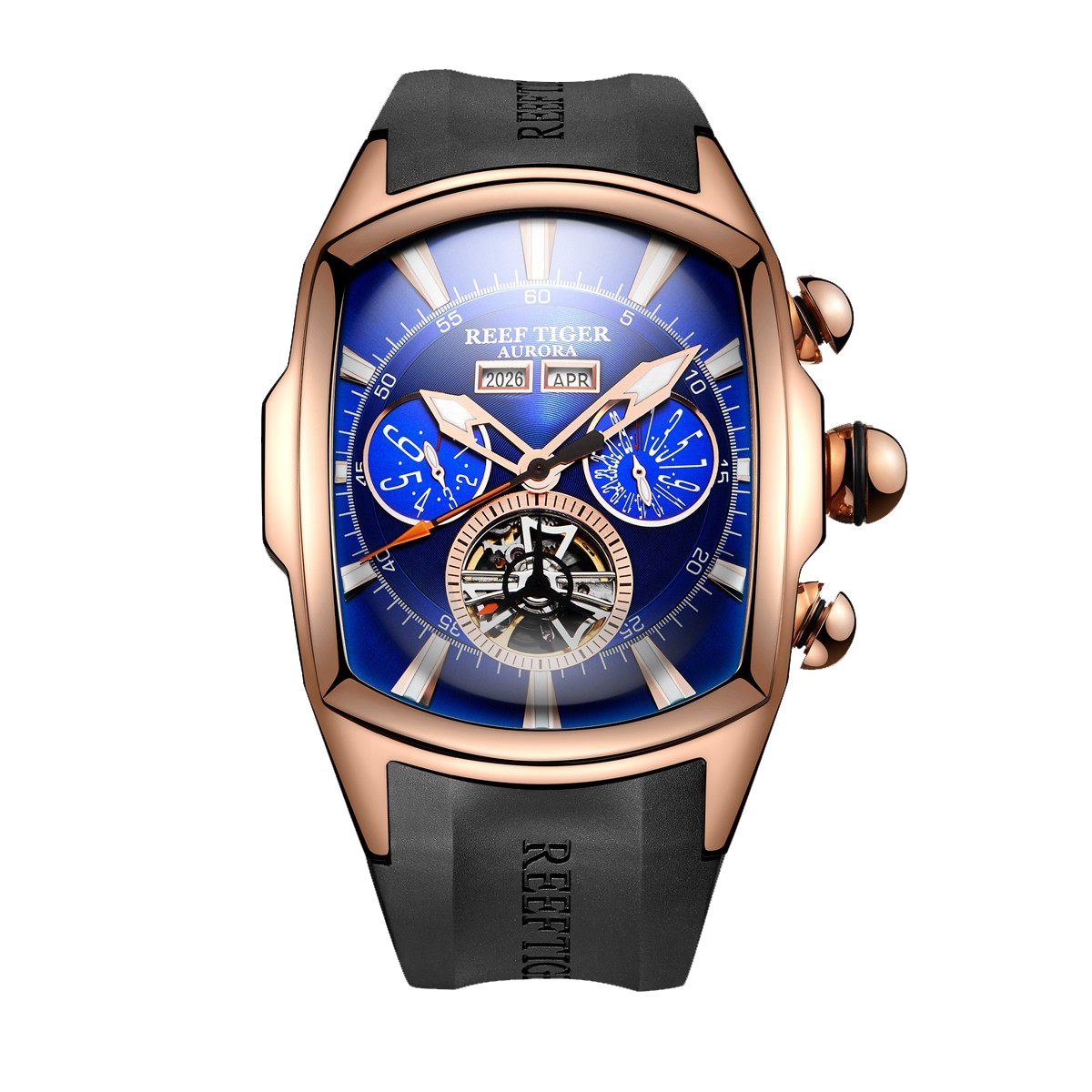 Reef Tiger Aurora Tank II RGA3069 Rose Gold Mens Automatic Mechanical Skeleton Blue Dial Watch
