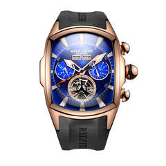 Reef Tiger Aurora Tank II RGA3069 Rose Gold Mens Automatic Mechanical Skeleton Blue Dial Watch