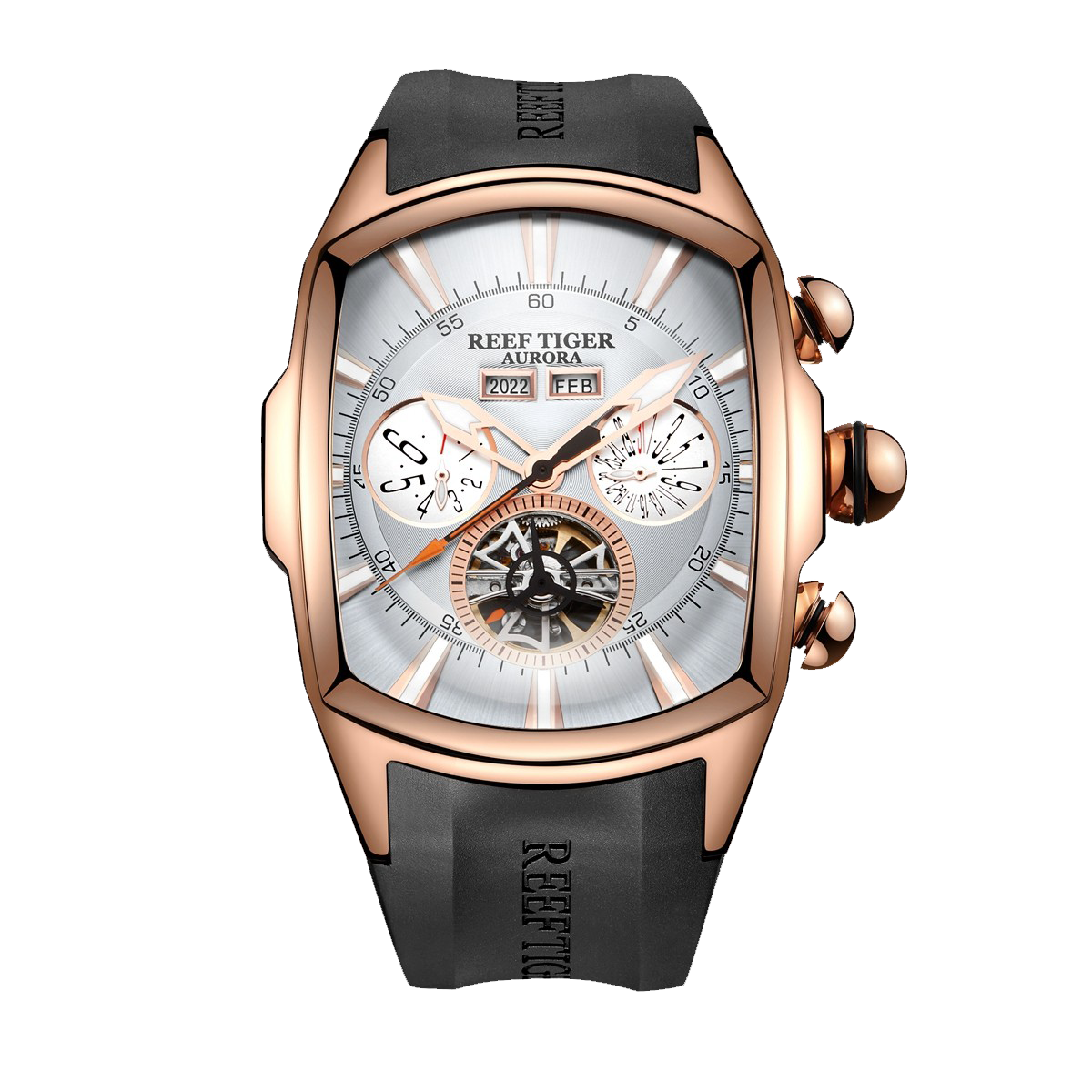 Reef Tiger Aurora Tank II RGA3069 Automatic Watches for Men, Rose Gold Skeleton Mechanical Movement & Rubber Strap Watches