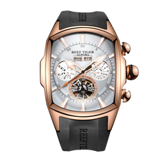 Reef Tiger Aurora Tank II RGA3069 Automatic Watches for Men, Rose Gold Skeleton Mechanical Movement & Rubber Strap Watches