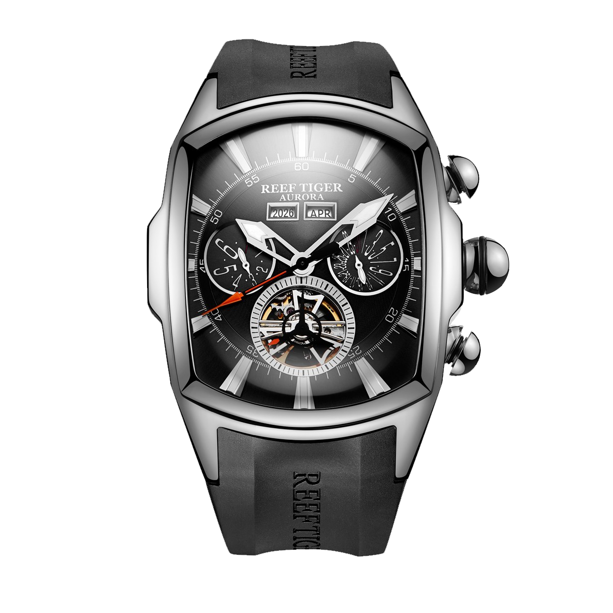 Reef Tiger Aurora Tank II RGA3069 Men's Automatic Watch - Stainless Steel 45 MM Case / Black Rubber Strap