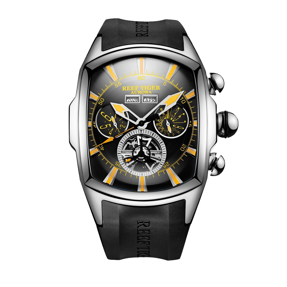Reef Tiger Aurora Tank II RGA3069 Men's Automatic Watch with Mechanical Movement and Skeleton Tourbillon Style Dial