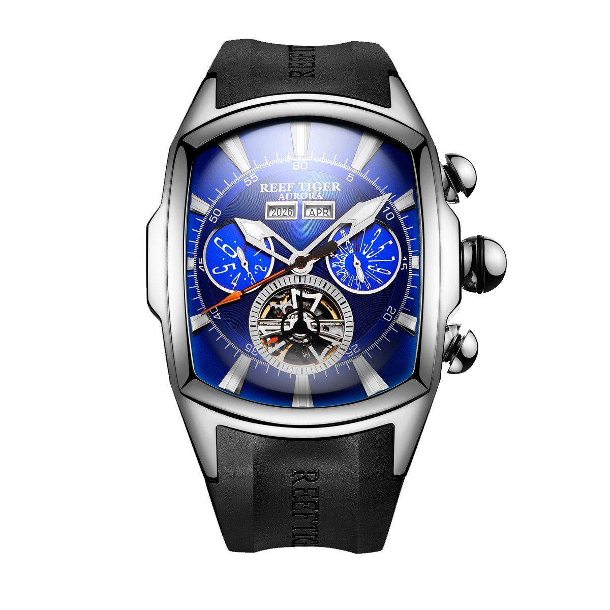 Reef Tiger Aurora Tank II RGA3069 - Mens Waterproof Automatic Self Winding Skeleton Tourbillon Style Dial Watches