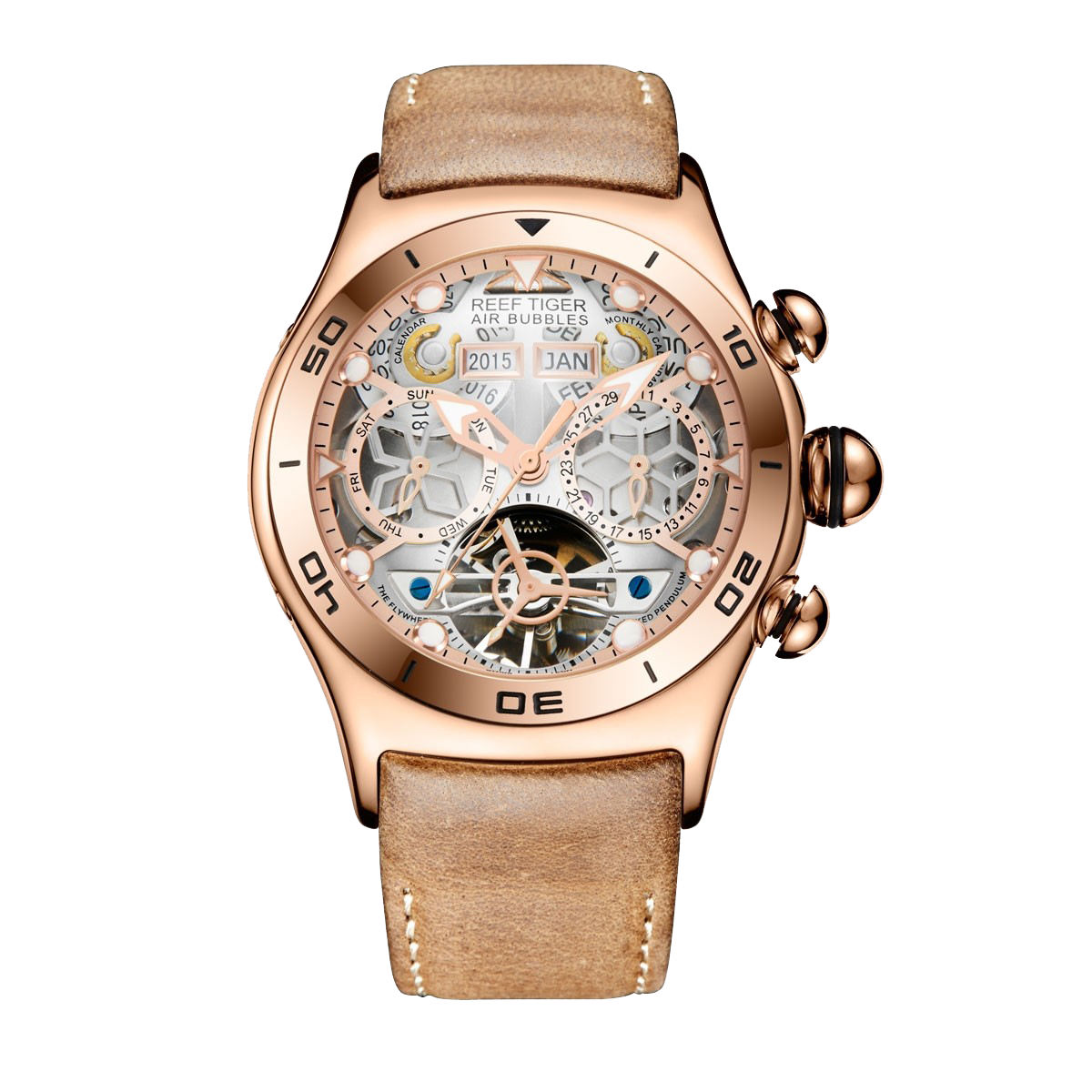 Rose Gold Reef Tiger Aurora RGA703 Men's Automatic Watch with Mechanical Movement and Skeleton Dial