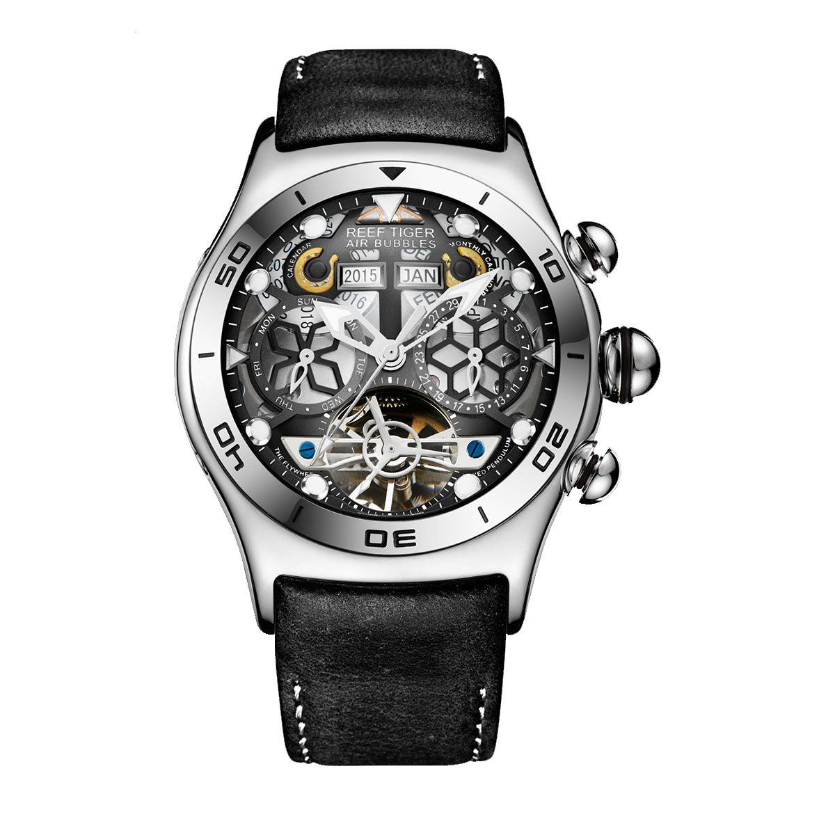 Reef Tiger Aurora RGA703 Men's Automatic Skeleton Unique Watch Genuine Leather Band with self Winding Mechanical Movement